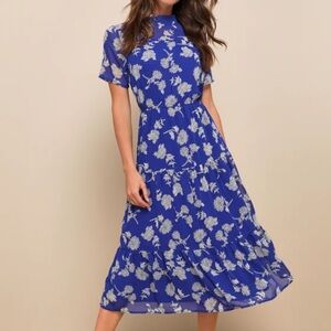 Lulus Floral Dressed Up Royal Blue Floral Print Midi
 Dress